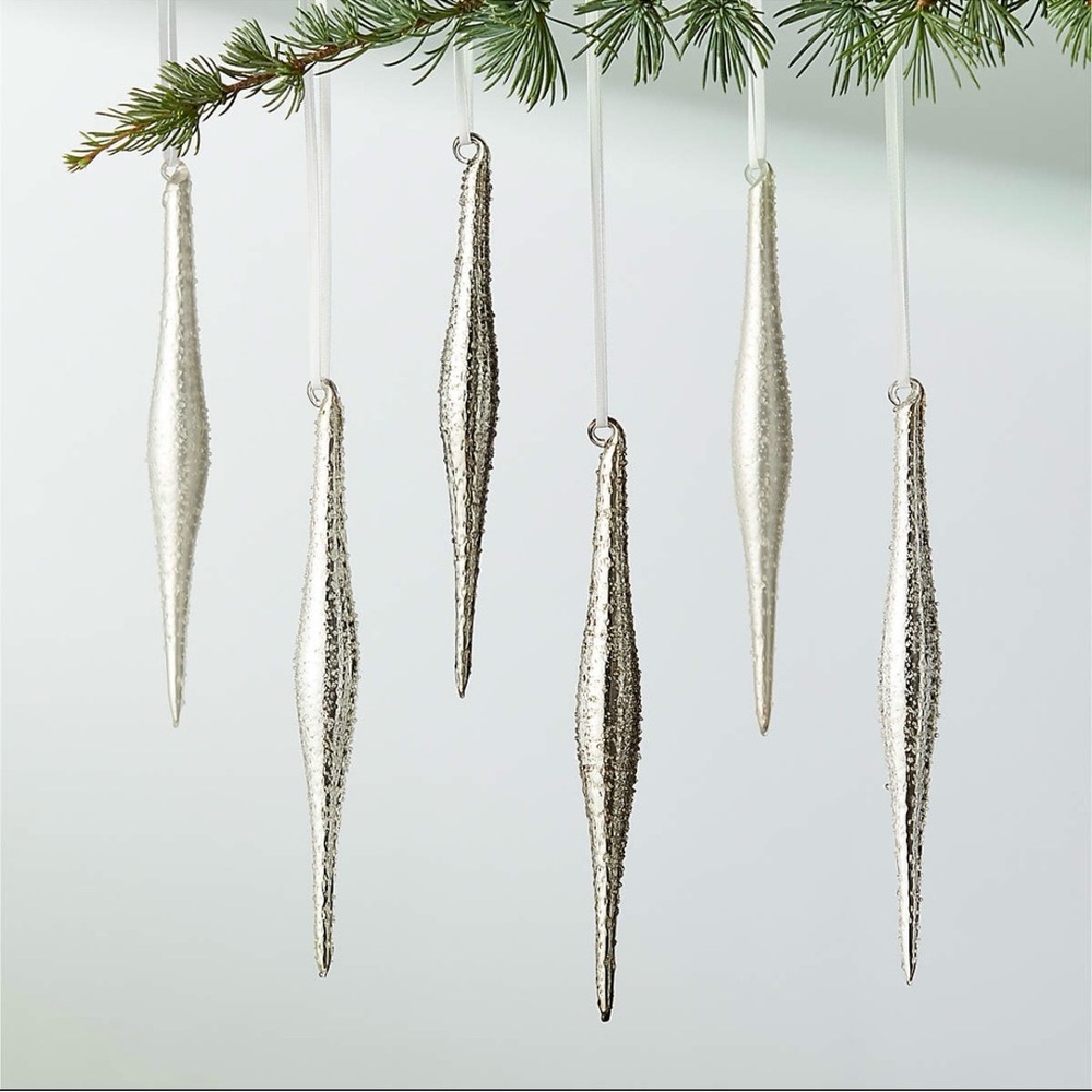 Crate&Barrel CB2 Textured Metallic Glass Icicle Ornaments Set of 6